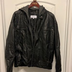 Calvin Klein Men Black leather jacket with grey attachable hoodie